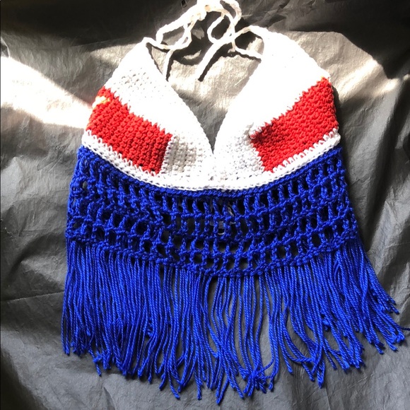 Tops - Red, White, and Blue Crochet Halter Top with Fringe